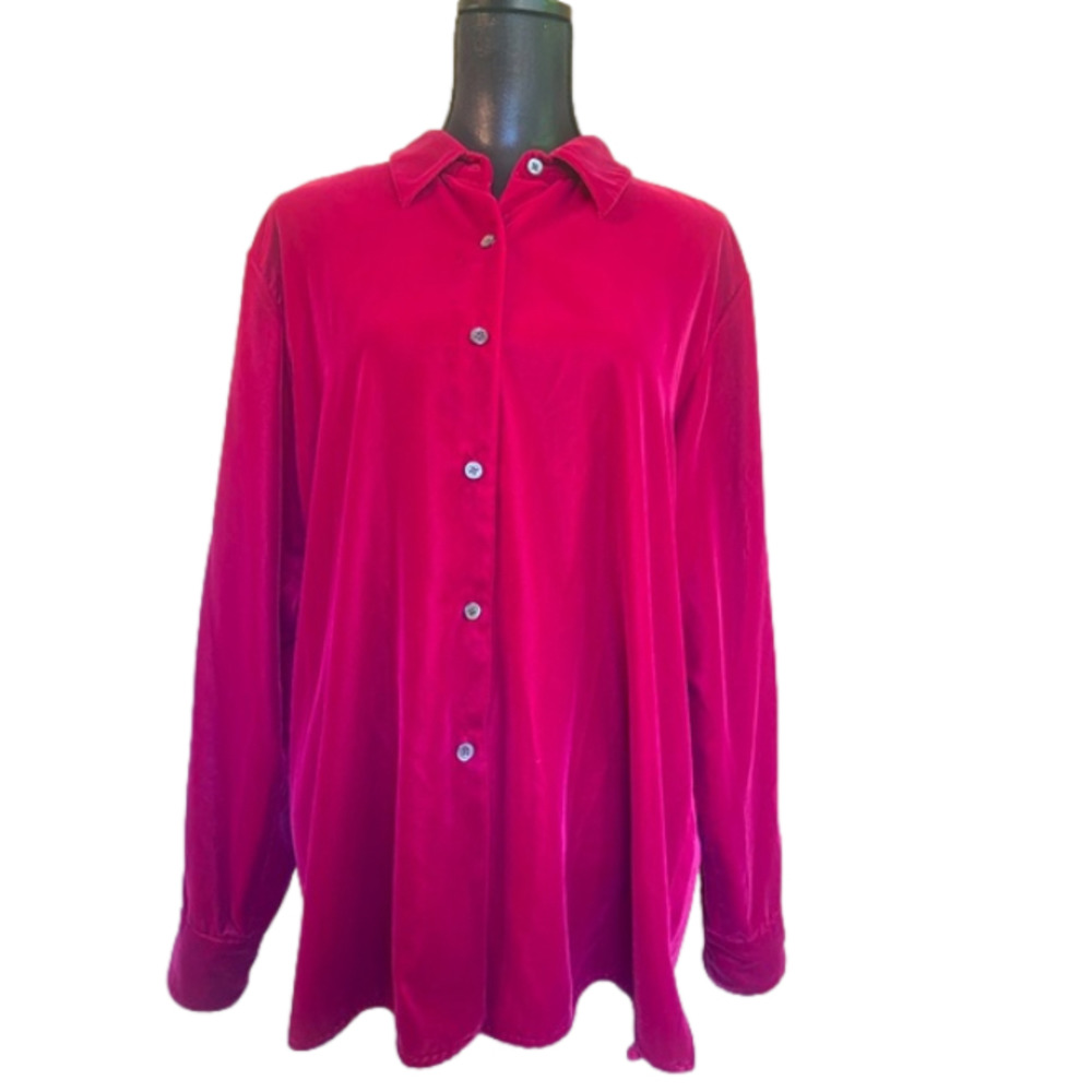 VINTAGE 90’s Y2K J.Crew Berry Magenta Velvet Button Up Blouse Size XL